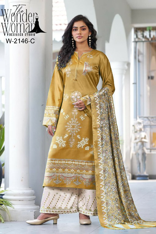 WONDER WOMAN D.NO 2146 COLORS WHOLESALE READYMADE ARMANI SATIN CLASSIC PAKISTANI 3 PCS COMBO SET SUITS SUPPLIER