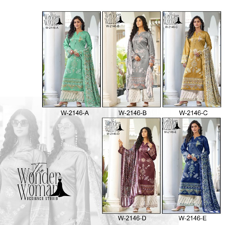 WONDER WOMAN D.NO 2146 COLORS WHOLESALE READYMADE ARMANI SATIN CLASSIC PAKISTANI 3 PCS COMBO SET SUITS SUPPLIER