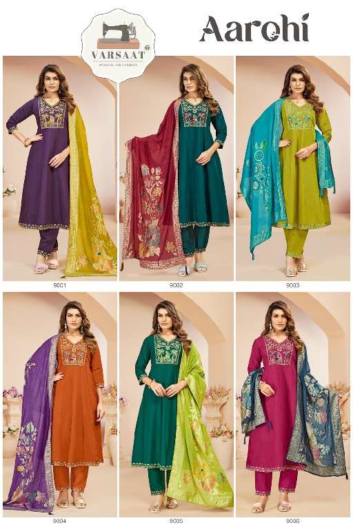 VARSAAT AAROHI WHOLESALE READYMADE ROMAN BEAUTIFUL ANARKALI 3 PCS COMBO SET SUITS EXPORTER