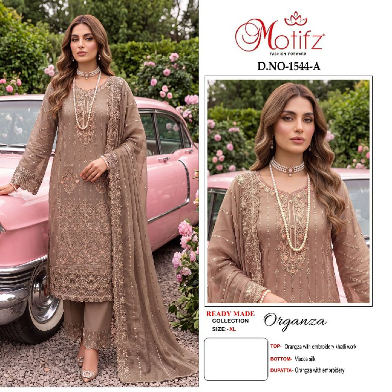 MOTIFZ D.NO 1544 WHOLESALE READYMADE ORGANZA WITH WORK PAKISTANI 3 PCS SUITS SUPPLIER