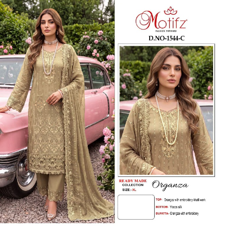 MOTIFZ D.NO 1544 WHOLESALE READYMADE ORGANZA WITH WORK PAKISTANI 3 PCS SUITS SUPPLIER