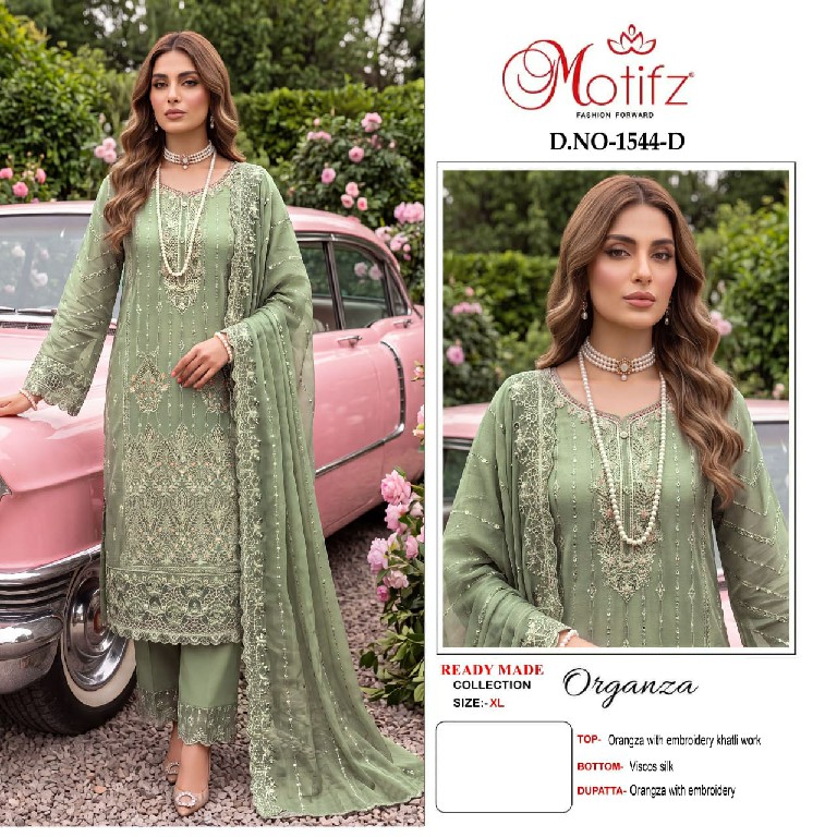 MOTIFZ D.NO 1544 WHOLESALE READYMADE ORGANZA WITH WORK PAKISTANI 3 PCS SUITS SUPPLIER