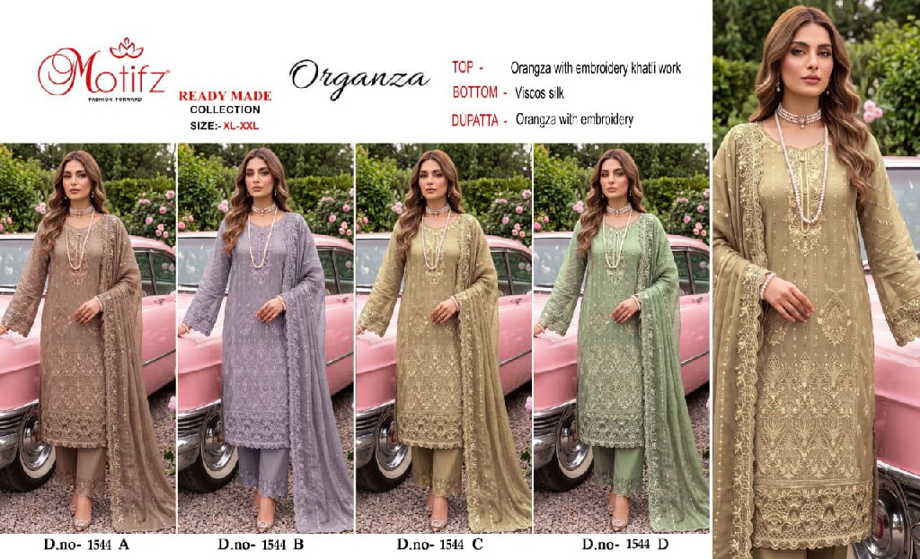 MOTIFZ D.NO 1544 WHOLESALE READYMADE ORGANZA WITH WORK PAKISTANI 3 PCS SUITS SUPPLIER