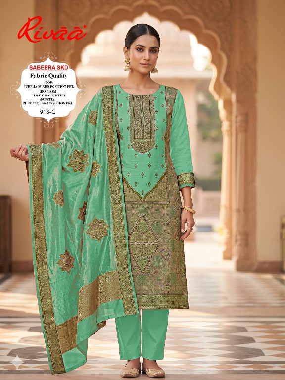 RIVAA SABEERA WHOLESALE PURE CREPE POSITION PRINTED UNSTITCH SALWAR SUITS EXPORTER