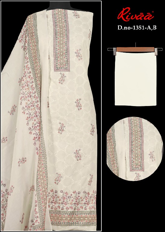 RIVAA D.NO 1351-1515-1640-1359 WHOLESALE COTTON EMBROIDERED UNSTITCH SALWAR SUITS SUPPLIER