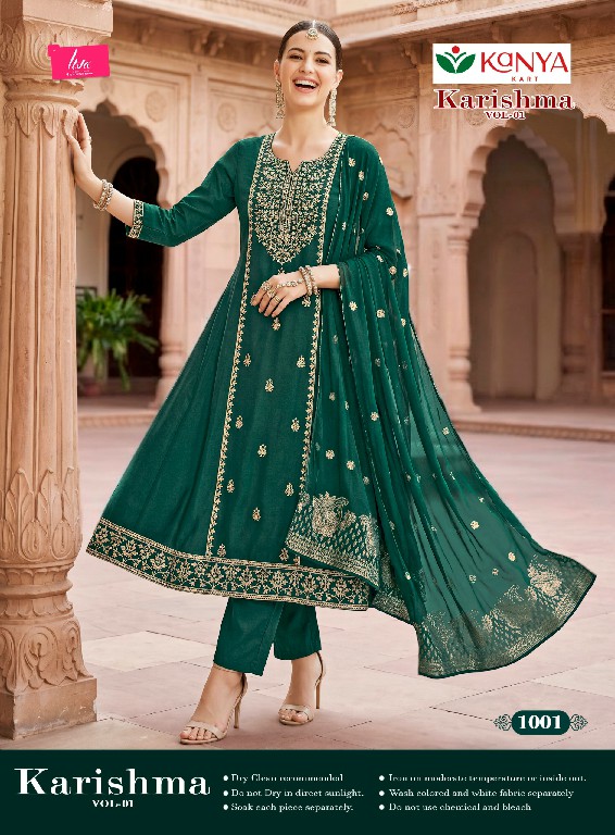 KANYA KART KARISHMA VOL 1 WHOLESALE READYMADE ROMAN SILK VIBRANT COLOUR A LINE CUT 3 PCS SUITS EXPORTER