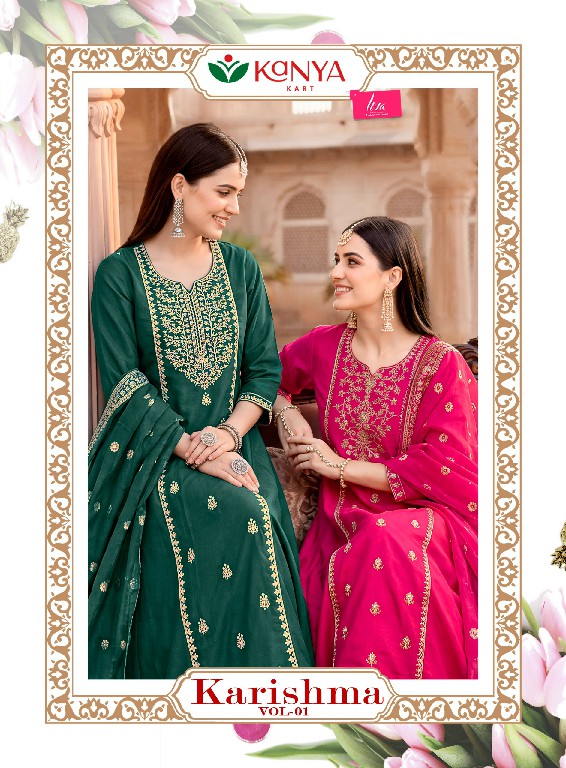 KANYA KART KARISHMA VOL 1 WHOLESALE READYMADE ROMAN SILK VIBRANT COLOUR A LINE CUT 3 PCS SUITS EXPORTER