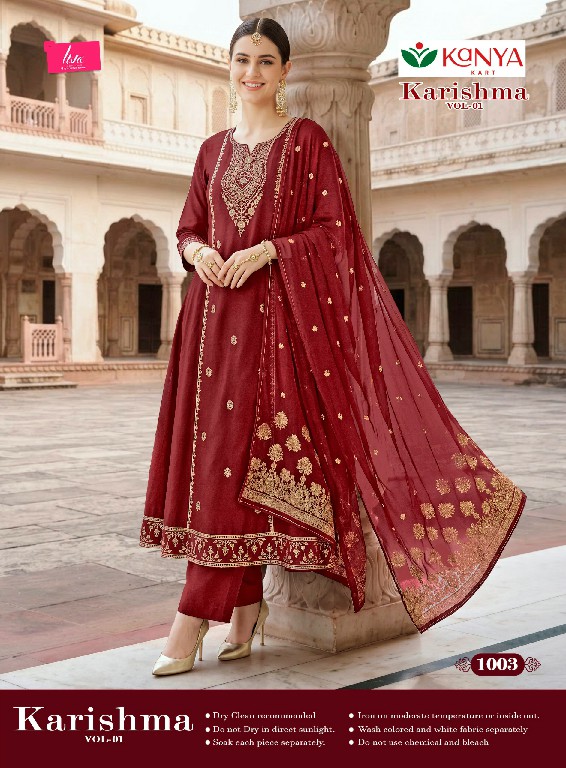 KANYA KART KARISHMA VOL 1 WHOLESALE READYMADE ROMAN SILK VIBRANT COLOUR A LINE CUT 3 PCS SUITS EXPORTER