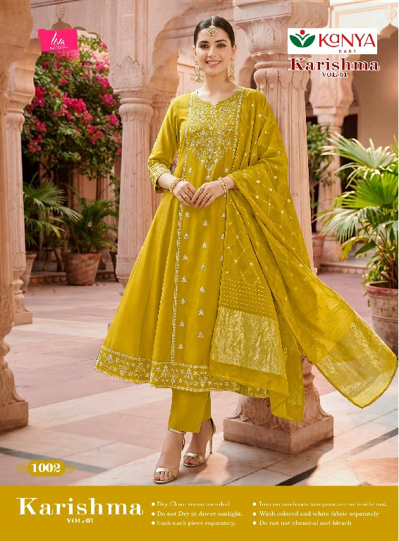 KANYA KART KARISHMA VOL 1 WHOLESALE READYMADE ROMAN SILK VIBRANT COLOUR A LINE CUT 3 PCS SUITS EXPORTER