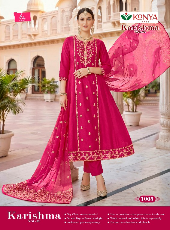 KANYA KART KARISHMA VOL 1 WHOLESALE READYMADE ROMAN SILK VIBRANT COLOUR A LINE CUT 3 PCS SUITS EXPORTER