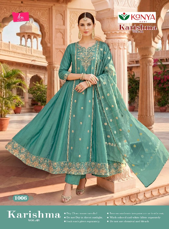 KANYA KART KARISHMA VOL 1 WHOLESALE READYMADE ROMAN SILK VIBRANT COLOUR A LINE CUT 3 PCS SUITS EXPORTER