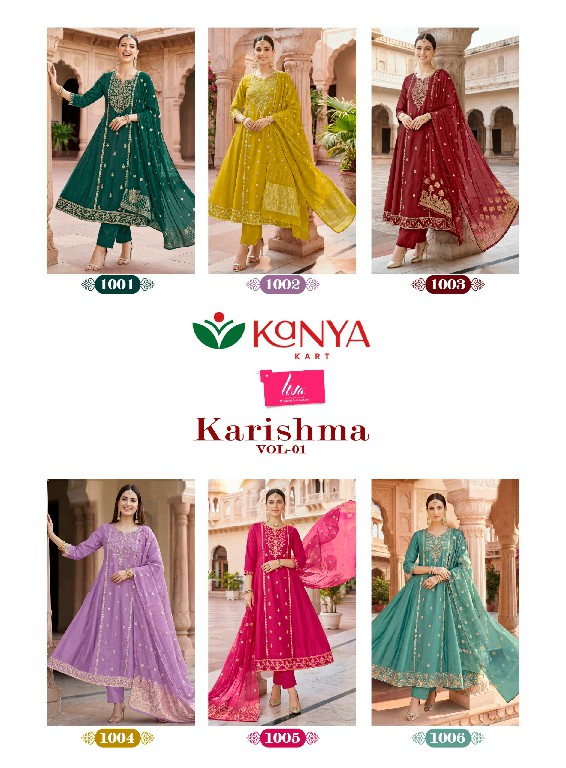 KANYA KART KARISHMA VOL 1 WHOLESALE READYMADE ROMAN SILK VIBRANT COLOUR A LINE CUT 3 PCS SUITS EXPORTER