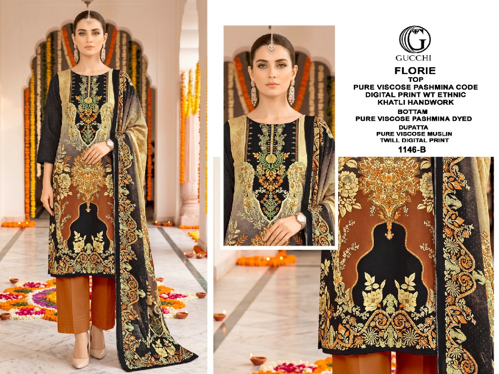 GUCCHI FLORIE D.NO 1148 WHOLESALE VISCOSE PASHMINA WINTER ETHNIC LOOK UNSTITCH SALWAR SUITS SUPPLIER