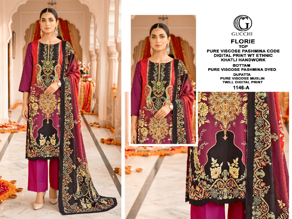 GUCCHI FLORIE D.NO 1148 WHOLESALE VISCOSE PASHMINA WINTER ETHNIC LOOK UNSTITCH SALWAR SUITS SUPPLIER