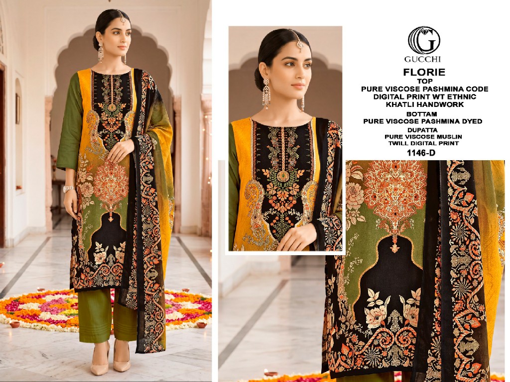 GUCCHI FLORIE D.NO 1148 WHOLESALE VISCOSE PASHMINA WINTER ETHNIC LOOK UNSTITCH SALWAR SUITS SUPPLIER