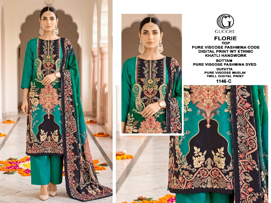 GUCCHI FLORIE D.NO 1148 WHOLESALE VISCOSE PASHMINA WINTER ETHNIC LOOK UNSTITCH SALWAR SUITS SUPPLIER