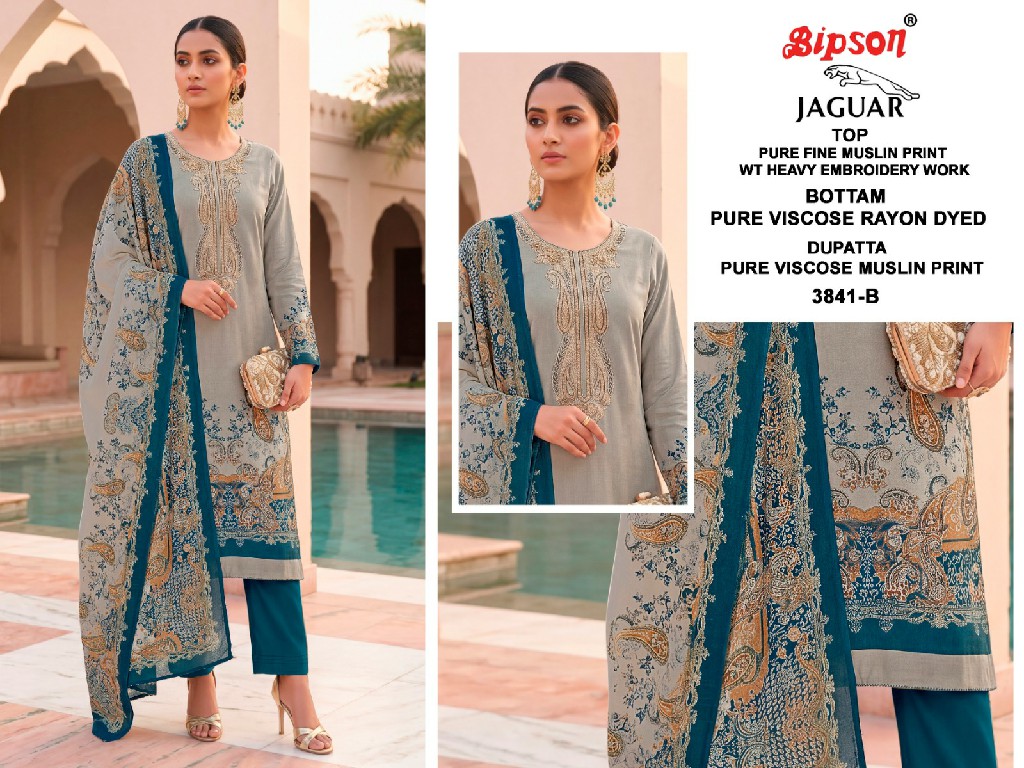 BIPSON JAGUAR D.NO 3841 WHOLESALE PURE FINE MUSLIN WITH WORK UNSTITCH SALWAR SUITS FOR EXPORT