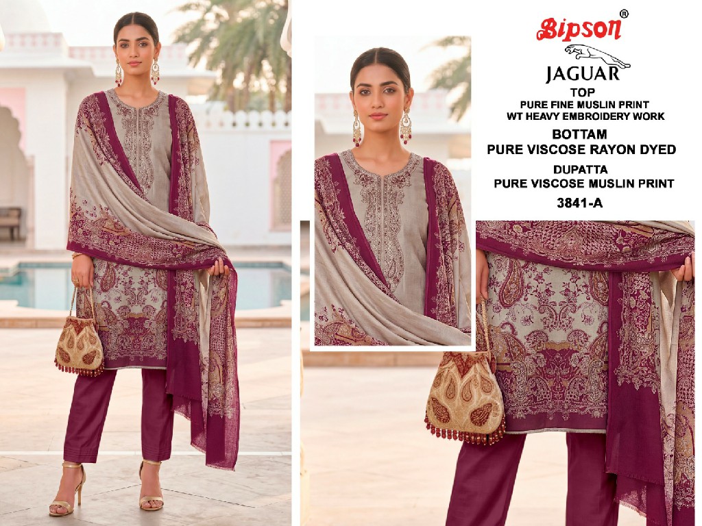 BIPSON JAGUAR D.NO 3841 WHOLESALE PURE FINE MUSLIN WITH WORK UNSTITCH SALWAR SUITS FOR EXPORT