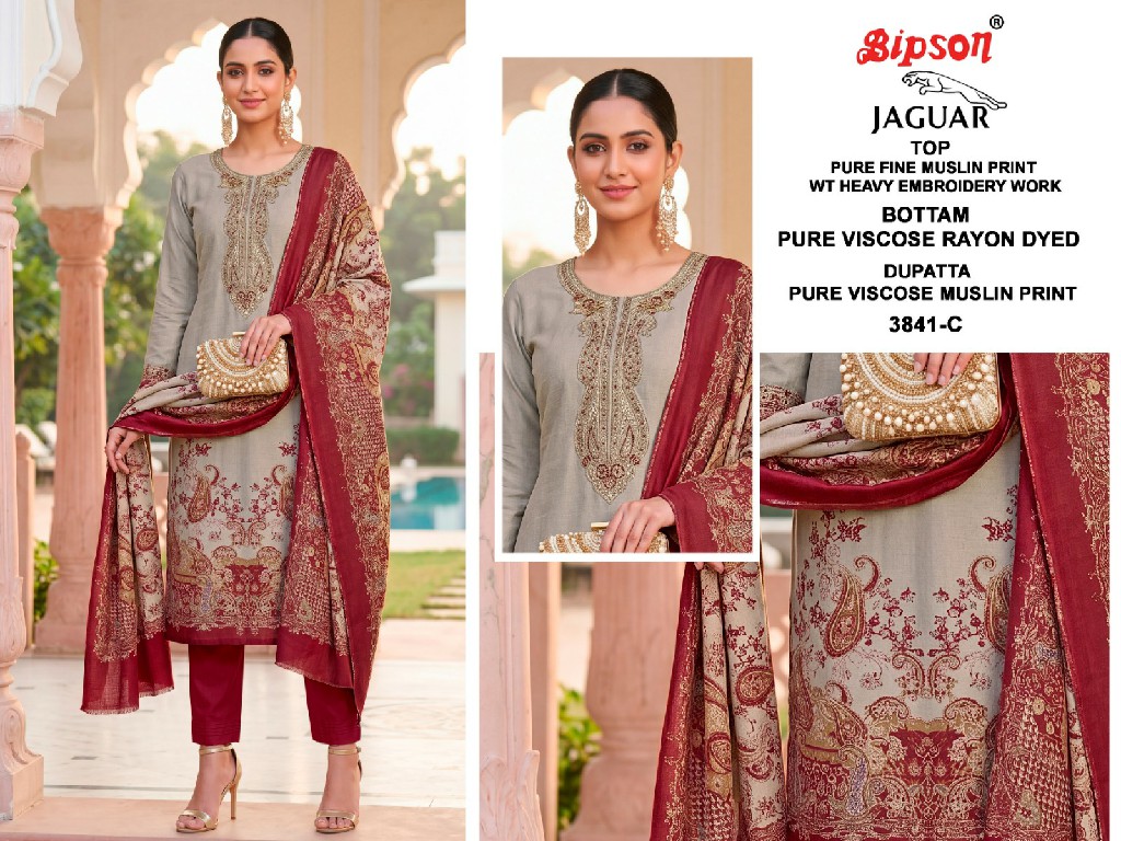 BIPSON JAGUAR D.NO 3841 WHOLESALE PURE FINE MUSLIN WITH WORK UNSTITCH SALWAR SUITS FOR EXPORT