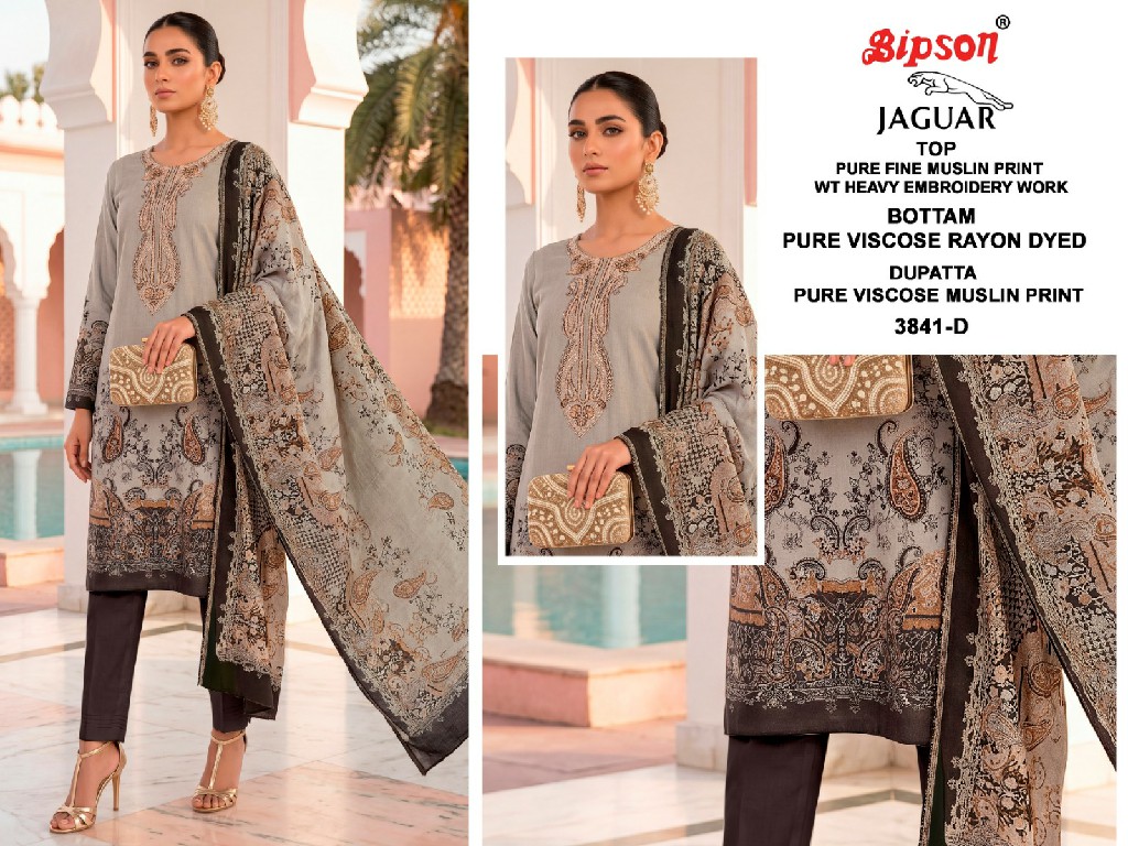 BIPSON JAGUAR D.NO 3841 WHOLESALE PURE FINE MUSLIN WITH WORK UNSTITCH SALWAR SUITS FOR EXPORT