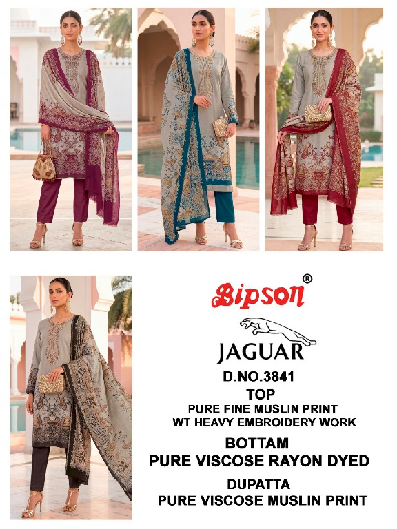 BIPSON JAGUAR D.NO 3841 WHOLESALE PURE FINE MUSLIN WITH WORK UNSTITCH SALWAR SUITS FOR EXPORT