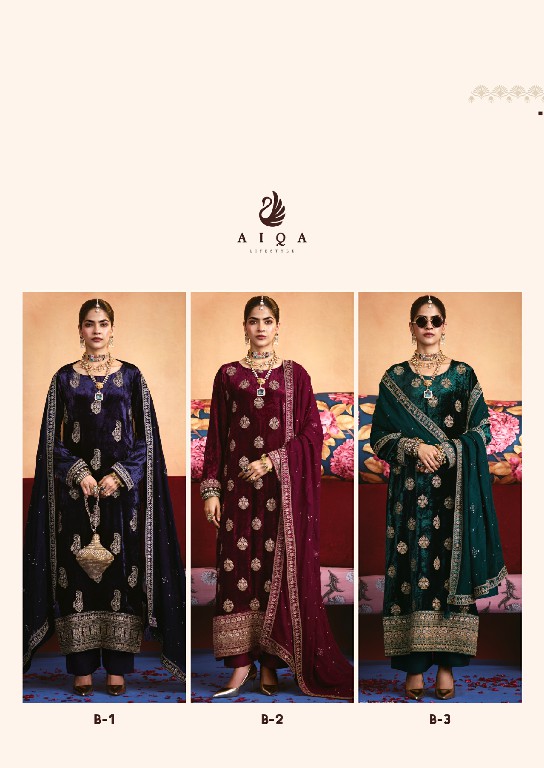AIQA ZARNISH WHOLESALE VISCOSE VELVET WINTER FANCY DESIGN UNSTITCH SALWAR SUITS FOR EXPORT