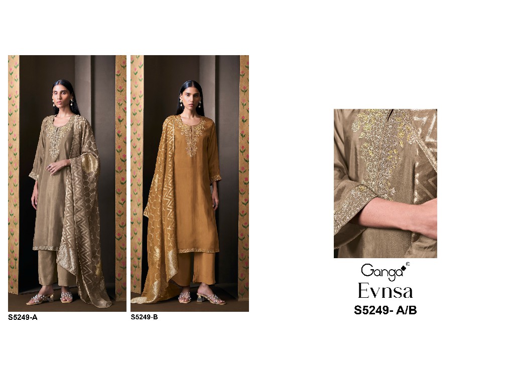 GANGA EVNSA S5249 WHOLESALE PURE BEMBERG HABUTAI SILK UNIQUE UNSTITCH SALWAR SUITS EXPORTER