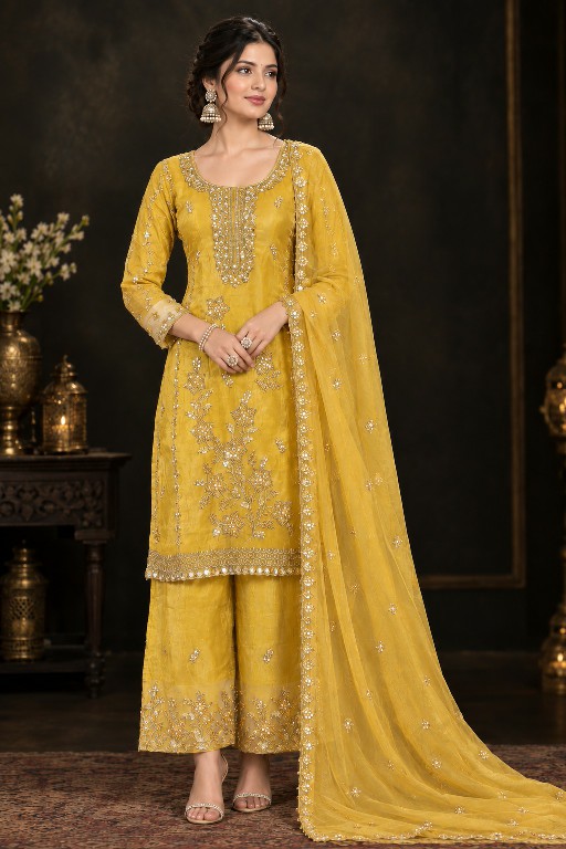 NLO D.NO 1204 WHOLESALE READYMADE GOLD CRUSH PARTY WEAR 3 PCS SUITS EXPORTER