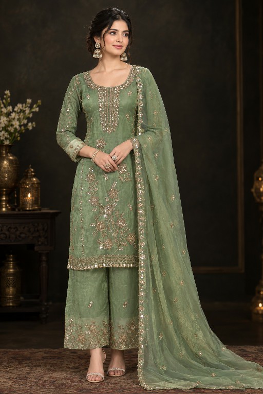 NLO D.NO 1204 WHOLESALE READYMADE GOLD CRUSH PARTY WEAR 3 PCS SUITS EXPORTER