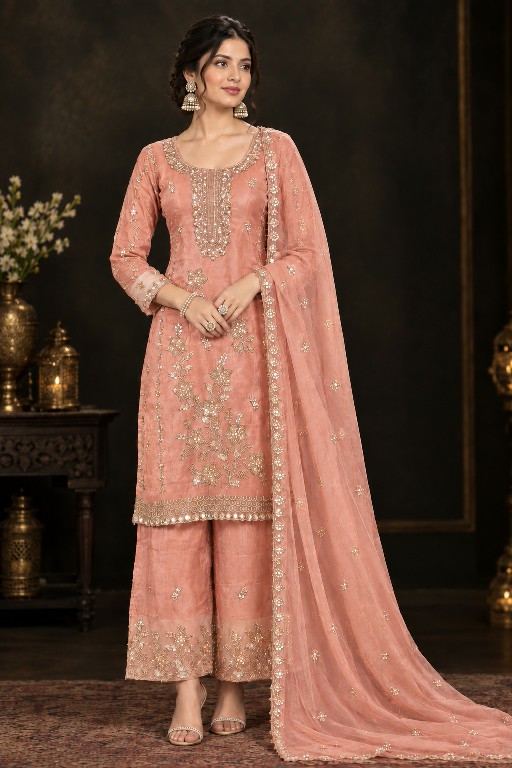 NLO D.NO 1204 WHOLESALE READYMADE GOLD CRUSH PARTY WEAR 3 PCS SUITS EXPORTER