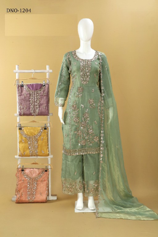 NLO D.NO 1204 WHOLESALE READYMADE GOLD CRUSH PARTY WEAR 3 PCS SUITS EXPORTER