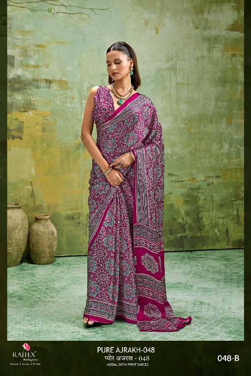 RAJTEX PURE AJRAKH VOL 48 WHOLESALE MODAL SATIN AJRAKH PRINT CASUAL WEAR SAREES FOR WOMEN SUPPLIER