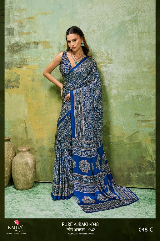 RAJTEX PURE AJRAKH VOL 48 WHOLESALE MODAL SATIN AJRAKH PRINT CASUAL WEAR SAREES FOR WOMEN SUPPLIER