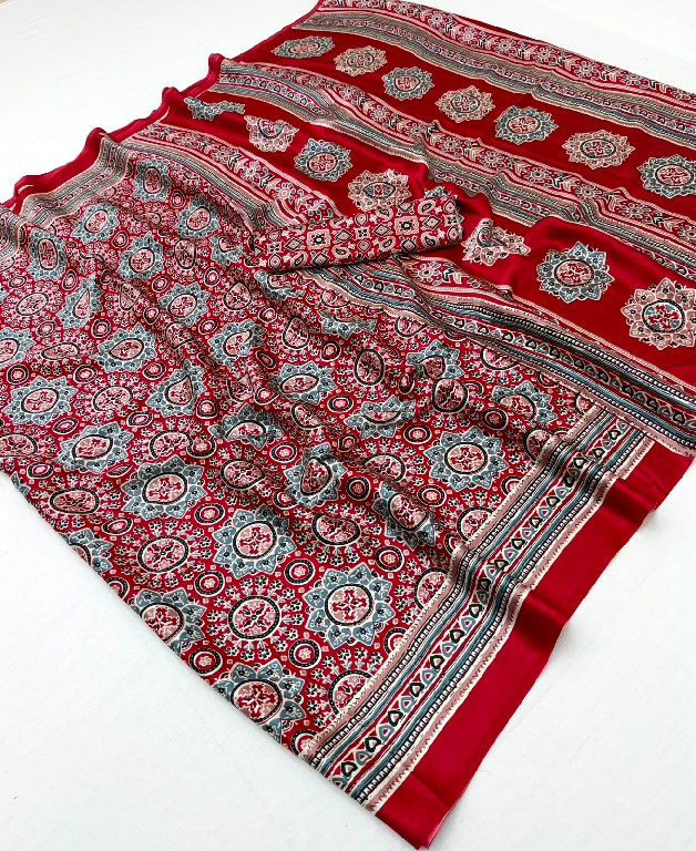 RAJTEX PURE AJRAKH VOL 48 WHOLESALE MODAL SATIN AJRAKH PRINT CASUAL WEAR SAREES FOR WOMEN SUPPLIER