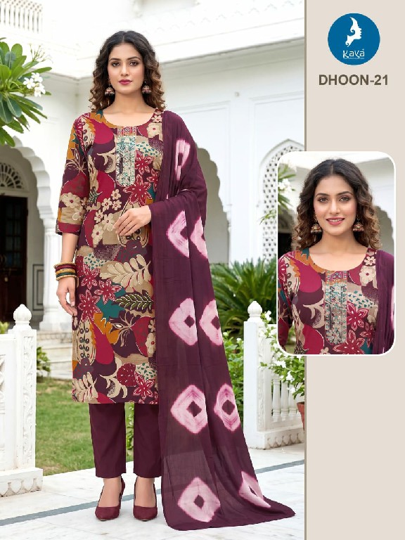 KAYA DHOON WHOLESALE READYMADE RAYON PRINTED BIG SIZE REGULAR WEAR 3 PCS COMBO SET SUITS EXPORTER