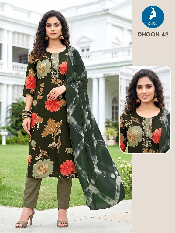 KAYA DHOON WHOLESALE READYMADE RAYON PRINTED BIG SIZE REGULAR WEAR 3 PCS COMBO SET SUITS EXPORTER