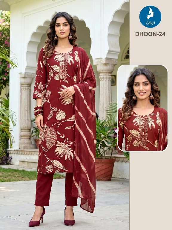 KAYA DHOON WHOLESALE READYMADE RAYON PRINTED BIG SIZE REGULAR WEAR 3 PCS COMBO SET SUITS EXPORTER