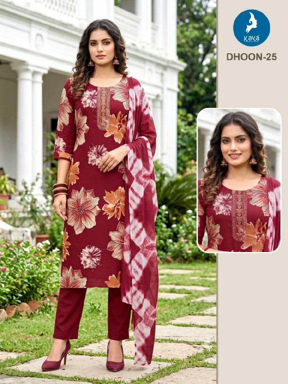 KAYA DHOON WHOLESALE READYMADE RAYON PRINTED BIG SIZE REGULAR WEAR 3 PCS COMBO SET SUITS EXPORTER