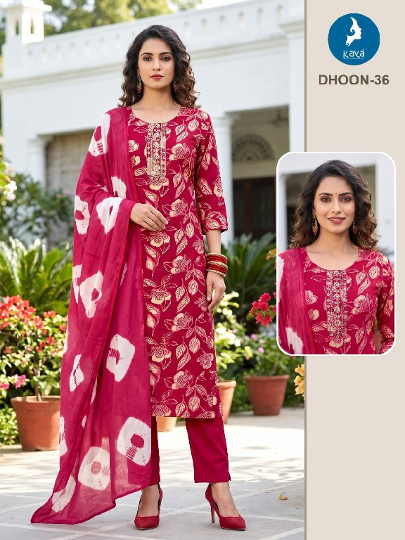 KAYA DHOON WHOLESALE READYMADE RAYON PRINTED BIG SIZE REGULAR WEAR 3 PCS COMBO SET SUITS EXPORTER