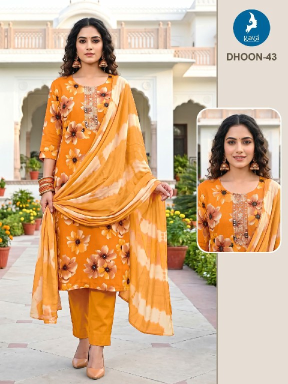 KAYA DHOON WHOLESALE READYMADE RAYON PRINTED BIG SIZE REGULAR WEAR 3 PCS COMBO SET SUITS EXPORTER