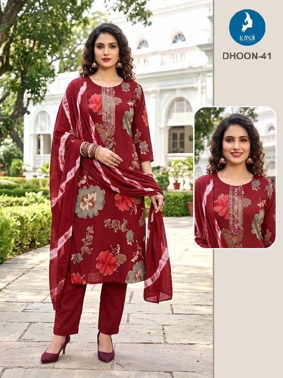 KAYA DHOON WHOLESALE READYMADE RAYON PRINTED BIG SIZE REGULAR WEAR 3 PCS COMBO SET SUITS EXPORTER