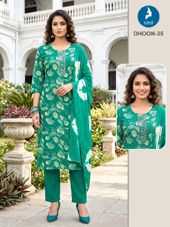 KAYA DHOON WHOLESALE READYMADE RAYON PRINTED BIG SIZE REGULAR WEAR 3 PCS COMBO SET SUITS EXPORTER