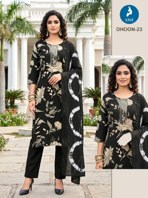 KAYA DHOON WHOLESALE READYMADE RAYON PRINTED BIG SIZE REGULAR WEAR 3 PCS COMBO SET SUITS EXPORTER