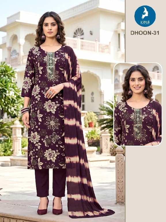 KAYA DHOON WHOLESALE READYMADE RAYON PRINTED BIG SIZE REGULAR WEAR 3 PCS COMBO SET SUITS EXPORTER