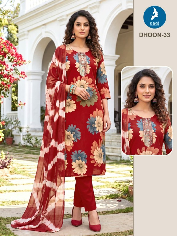 KAYA DHOON WHOLESALE READYMADE RAYON PRINTED BIG SIZE REGULAR WEAR 3 PCS COMBO SET SUITS EXPORTER