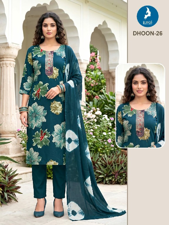 KAYA DHOON WHOLESALE READYMADE RAYON PRINTED BIG SIZE REGULAR WEAR 3 PCS COMBO SET SUITS EXPORTER