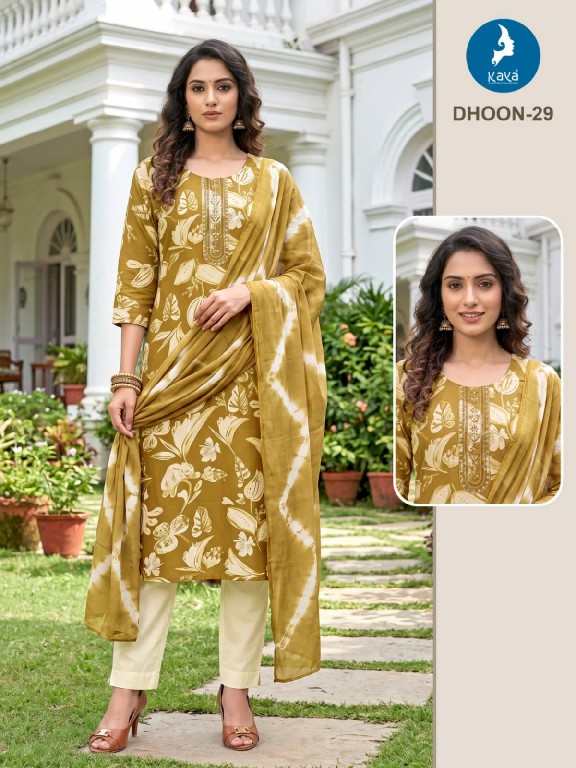 KAYA DHOON WHOLESALE READYMADE RAYON PRINTED BIG SIZE REGULAR WEAR 3 PCS COMBO SET SUITS EXPORTER