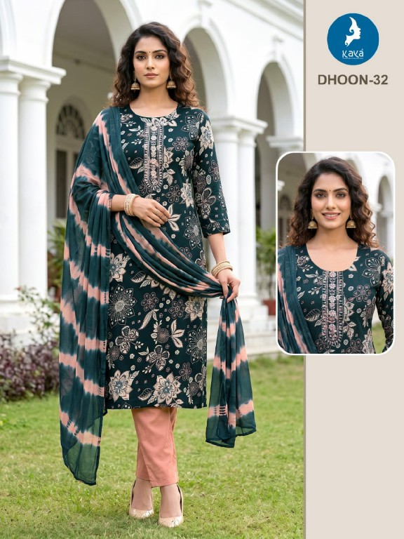 KAYA DHOON WHOLESALE READYMADE RAYON PRINTED BIG SIZE REGULAR WEAR 3 PCS COMBO SET SUITS EXPORTER