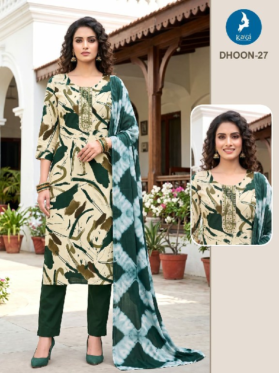 KAYA DHOON WHOLESALE READYMADE RAYON PRINTED BIG SIZE REGULAR WEAR 3 PCS COMBO SET SUITS EXPORTER