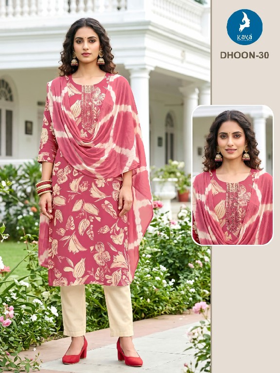 KAYA DHOON WHOLESALE READYMADE RAYON PRINTED BIG SIZE REGULAR WEAR 3 PCS COMBO SET SUITS EXPORTER